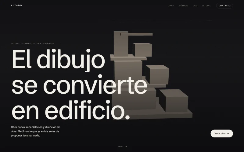 ALZADO — web de un estudio de arquitectura en Valencia, con la obra en registro oscuro