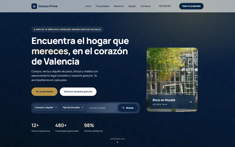 Domus Prime — web de inmobiliaria en Valencia, con buscador por zona, tipo y operación